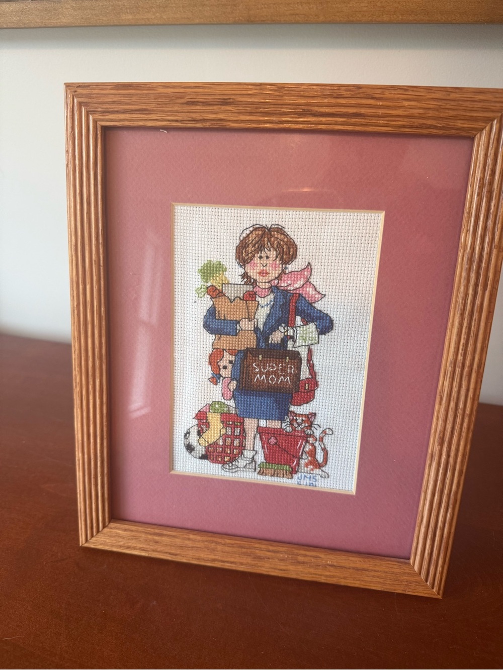 Framed Cross-Stitch 'Super Mom' Home Art in Pink Mat